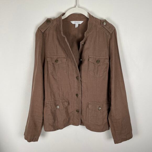 y2k Relativity Brown 100% Linen Utility Jacket Womens M Button Up Lightweight - Picture 9 of 12